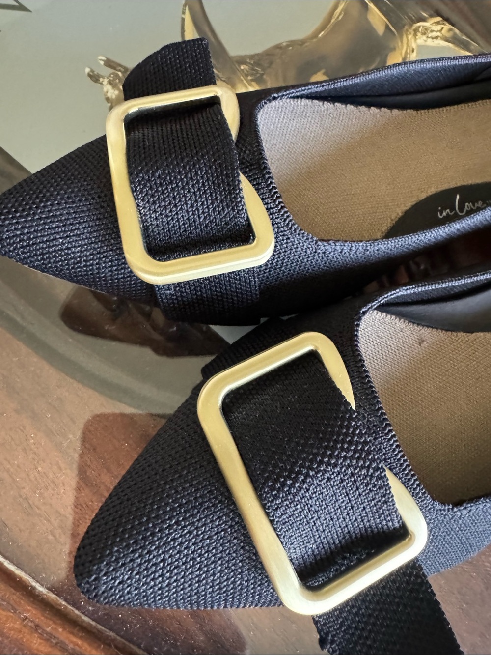 Rothy's Black Pointed-Toe Flats with Brass Buckle and Blue Trim - Picture 3 of 8